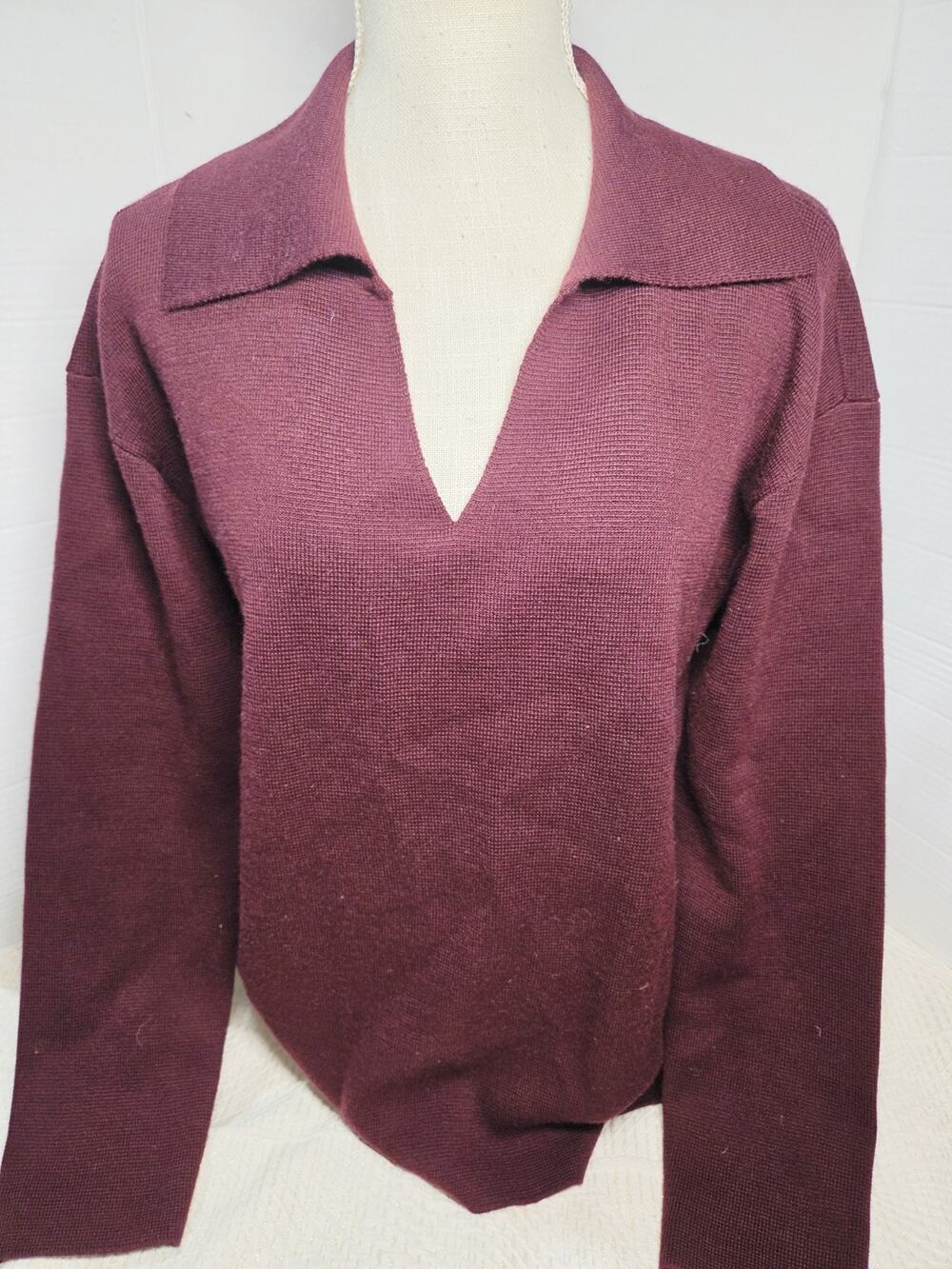 Talbots Burgundy V-Neck Polo Collar Sweater Sz L Long Sleeve Knit Wool Blend